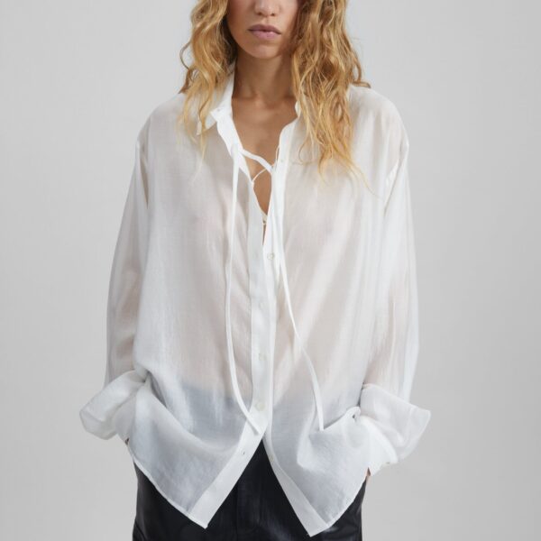 The Frankie Shop Tarra Tie-Front Sheer Shirt – White, view 2