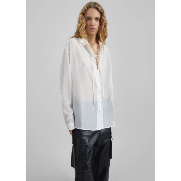 The Frankie Shop Tarra Tie-Front Sheer Shirt - White - Oversized Minimalist Tops in White - Shop at Luxury Shoes 