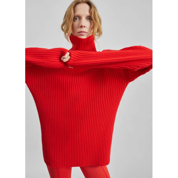 The Frankie Shop Thelma Ribbed Sweater Dress - Red - Oversized Minimalist Knitwear in Red - Shop at Luxury Shoes 
