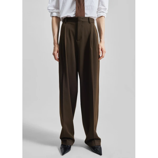The Frankie Shop Vester Pleated Trousers - Brown - Oversized Minimalist Pants in Brown - Shop at Luxury Shoes 