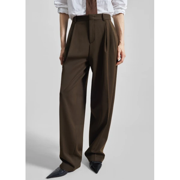 The Frankie Shop Vester Pleated Trousers - Brown - Oversized Minimalist Pants in Brown - Shop at Luxury Shoes 