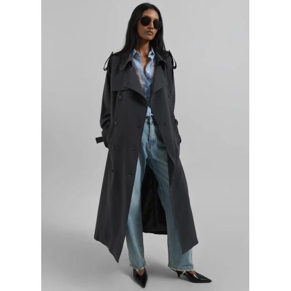 The Frankie Shop Veyron Trench Coat - Storm Grey - Oversized Minimalist Coats in Grey - Shop at Luxury Shoes 