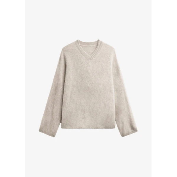 The Frankie Shop Vilhena Wool Fuzzy V-Neck Sweater - Beige - Oversized Minimalist Knitwear in Beige - Shop at Luxury Shoes 