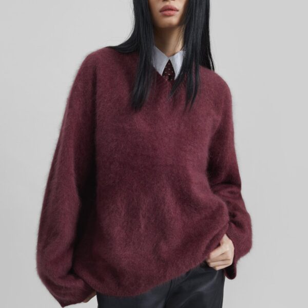 The Frankie Shop Vilhena Wool Fuzzy V-Neck Sweater – Burgundy, view 2