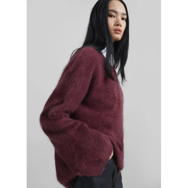 The Frankie Shop Vilhena Wool Fuzzy V-Neck Sweater - Burgundy - Oversized Minimalist Knitwear in Red - Shop at Luxury Shoes 
