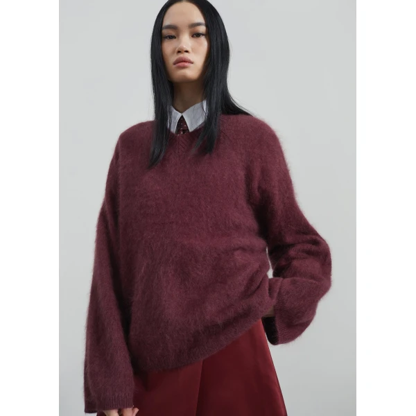 The Frankie Shop Vilhena Wool Fuzzy V-Neck Sweater - Burgundy - Oversized Minimalist Knitwear in Red - Shop at Luxury Shoes 