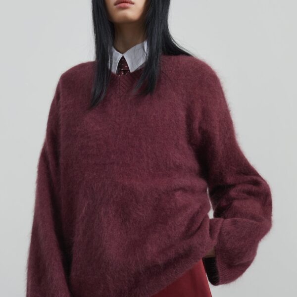 The Frankie Shop Vilhena Wool Fuzzy V-Neck Sweater – Burgundy, view 6