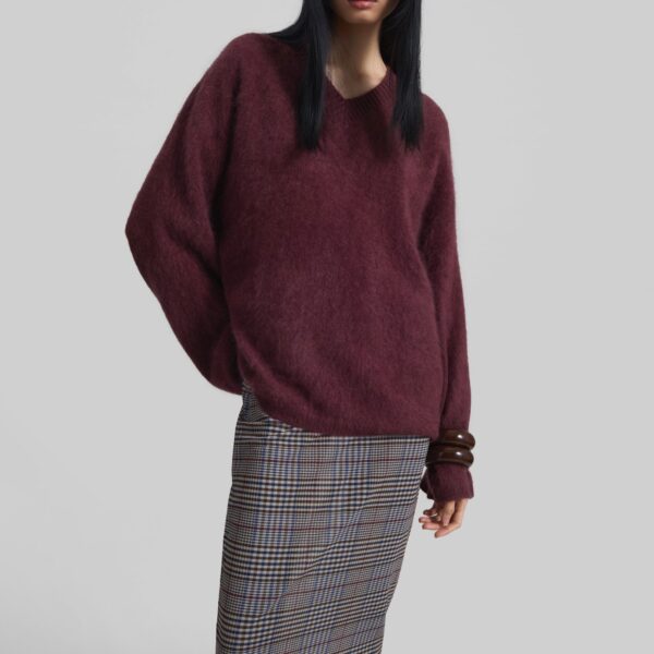 The Frankie Shop Vilhena Wool Fuzzy V-Neck Sweater – Burgundy, view 8