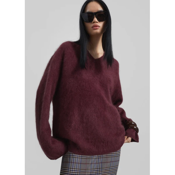 The Frankie Shop Vilhena Wool Fuzzy V-Neck Sweater - Burgundy - Oversized Minimalist Knitwear in Red - Shop at Luxury Shoes 