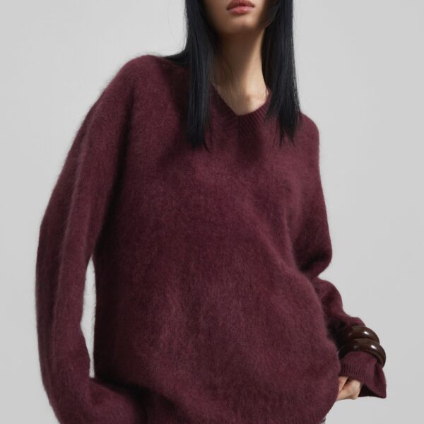The Frankie Shop Vilhena Wool Fuzzy V-Neck Sweater – Burgundy, view 9
