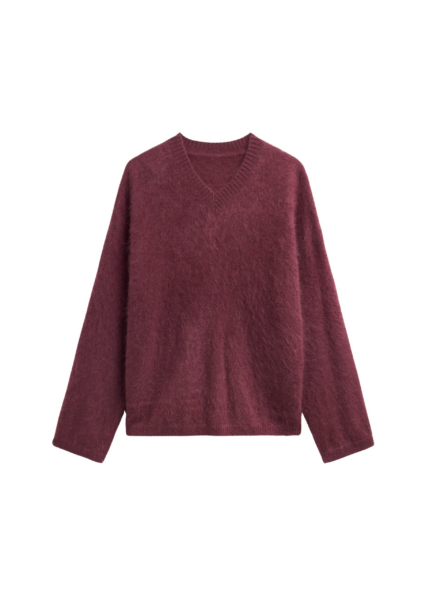 The Frankie Shop Vilhena Wool Fuzzy V-Neck Sweater - Burgundy - Oversized Minimalist Knitwear in Red - Shop at Luxury Shoes 