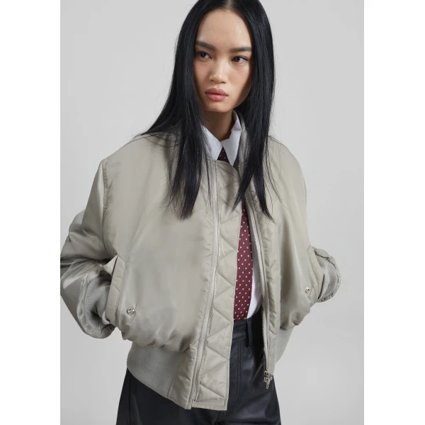 The Frankie Shop Zernez Cropped Bomber Jacket - Stone - Oversized Minimalist Jackets in Beige - Shop at Luxury Shoes 