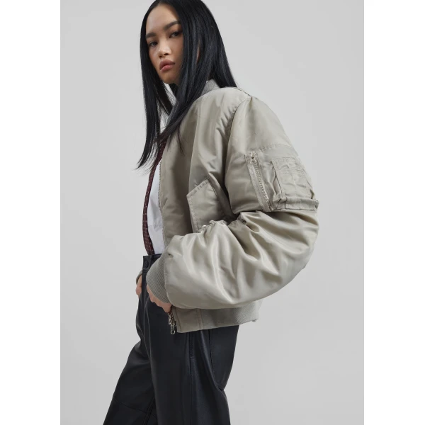 The Frankie Shop Zernez Cropped Bomber Jacket - Stone - Oversized Minimalist Jackets in Beige - Shop at Luxury Shoes 