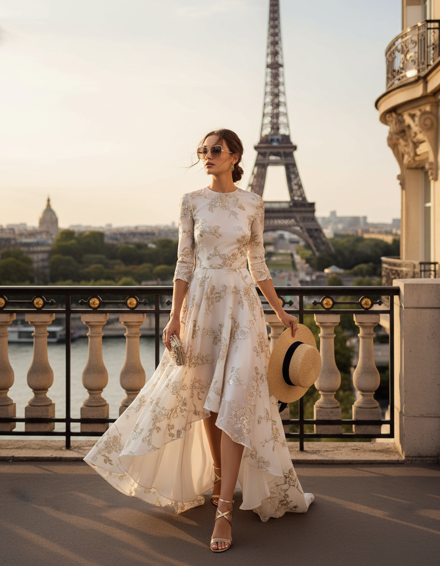 Gemma Deeks Style Guide: Resort chic wedding guest dress in Paris Summer 2026