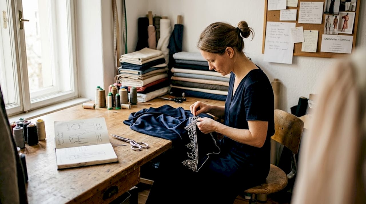 Mit viel Liebe zum Detail näht eine Schneiderin von Hand in einem exklusiven Couture-Atelier.