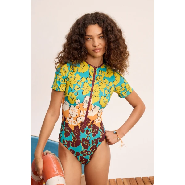 Alemais Splice Short Sleeve One Piece  Sustainable Beachwear with Alemais print -  Luxury Handbags Australian Designer