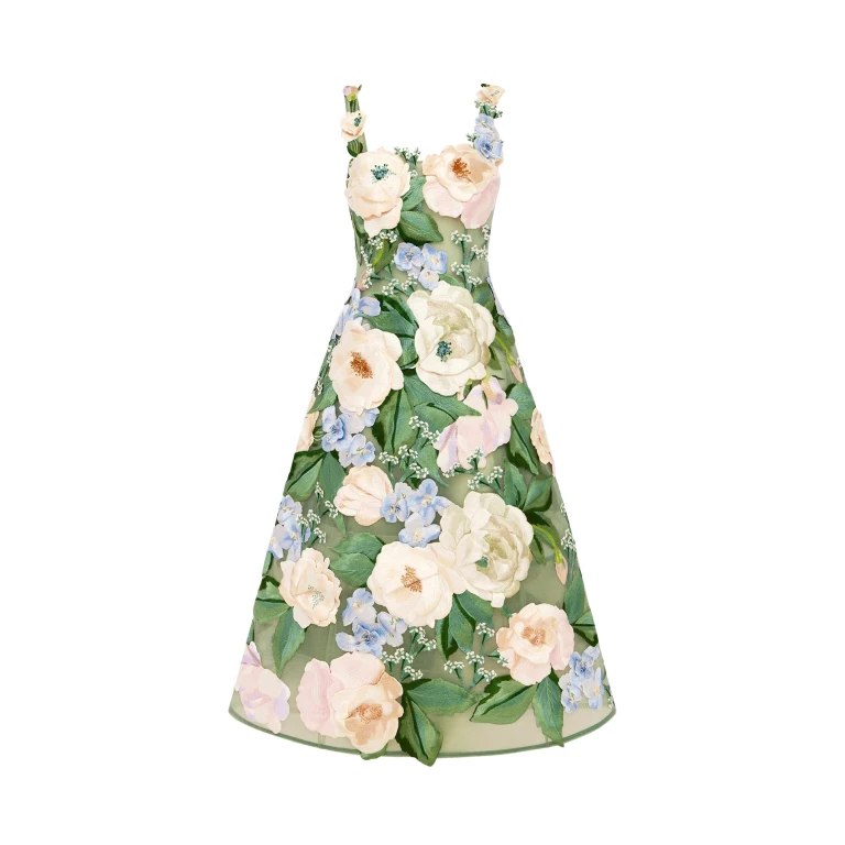 Leo Lin Beatrice Floral Hand-Embroidered Midi Dress - Leo Lin Dress - Australian Luxury Fashion - Shop at Luxury Shoes 