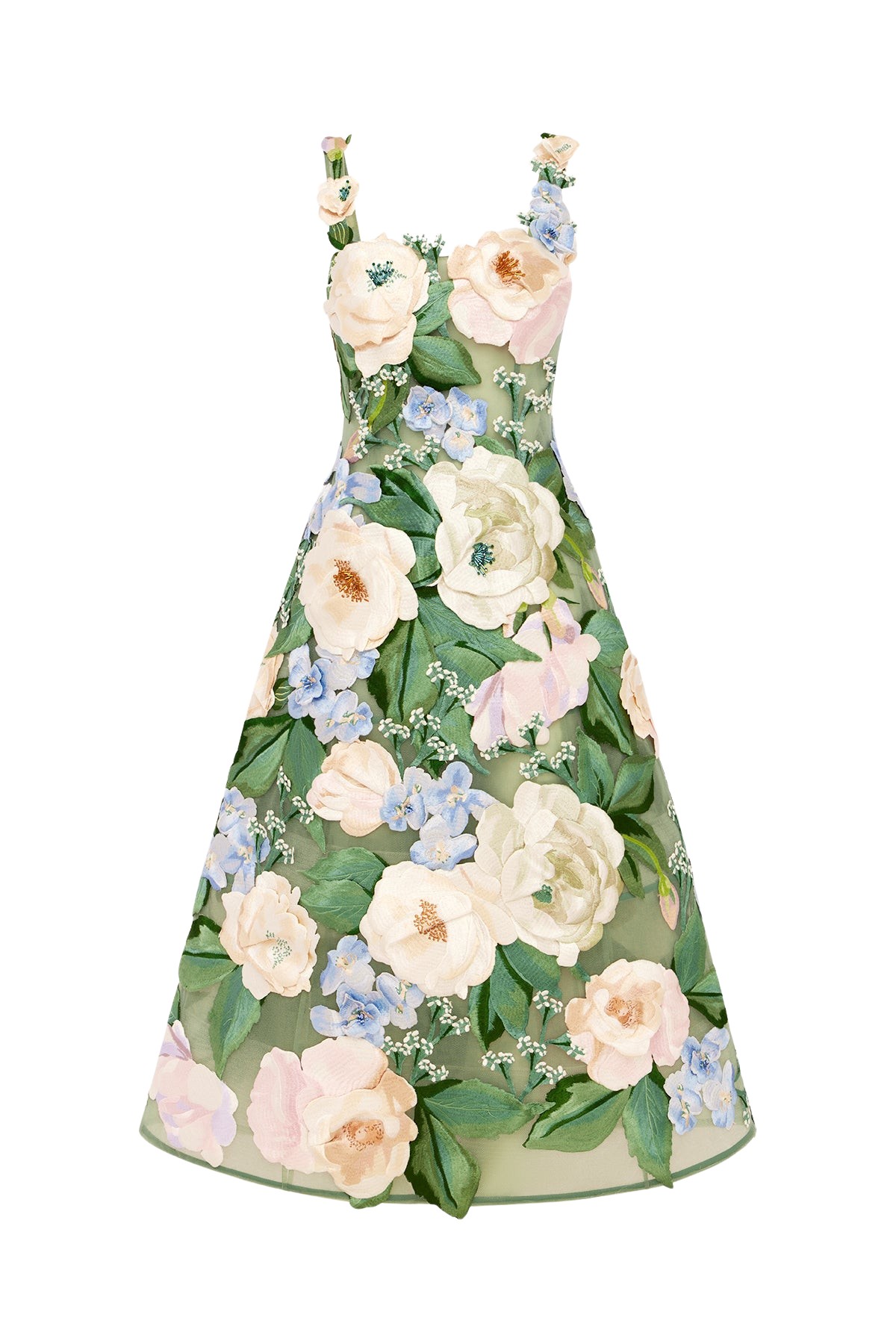 Leo Lin Beatrice Floral Hand-Embroidered Midi Dress