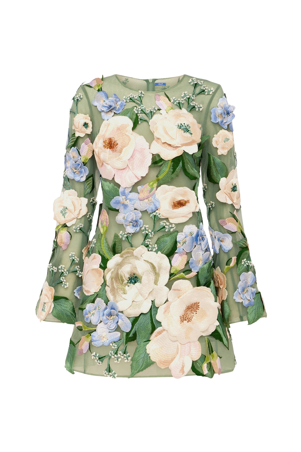 Leo Lin Suzanne Floral Hand-Embroidered Bell Sleeve Mini Dress