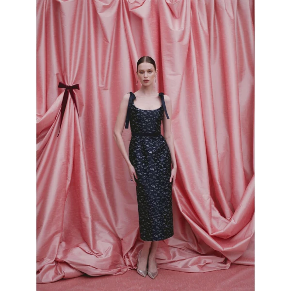Markarian Acacia Navy Floral Brocade Corset Midi Dress - Dresses - New York Luxury Occasion Wear at Luxury Shoes 
