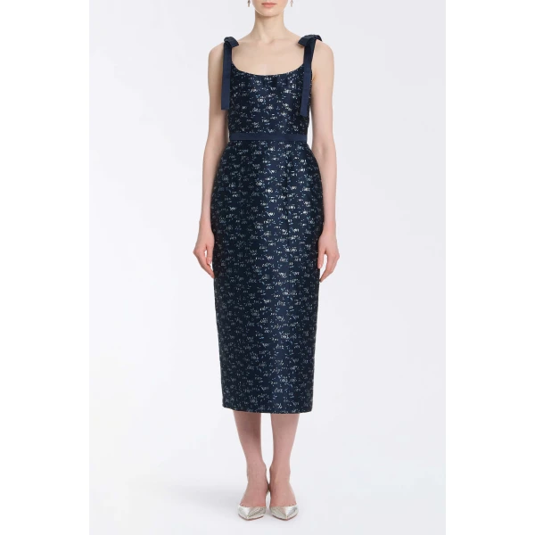 Markarian Acacia Navy Floral Brocade Corset Midi Dress - Dresses - New York Luxury Occasion Wear at Luxury Shoes 