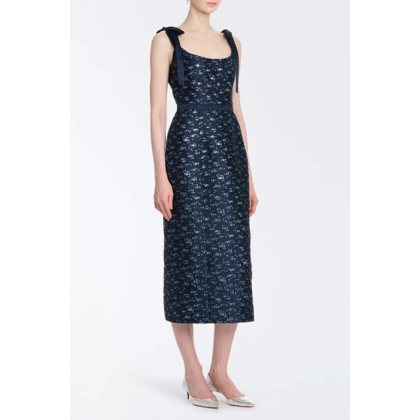 Markarian Acacia Navy Floral Brocade Corset Midi Dress - Dresses - New York Luxury Occasion Wear at Luxury Shoes 