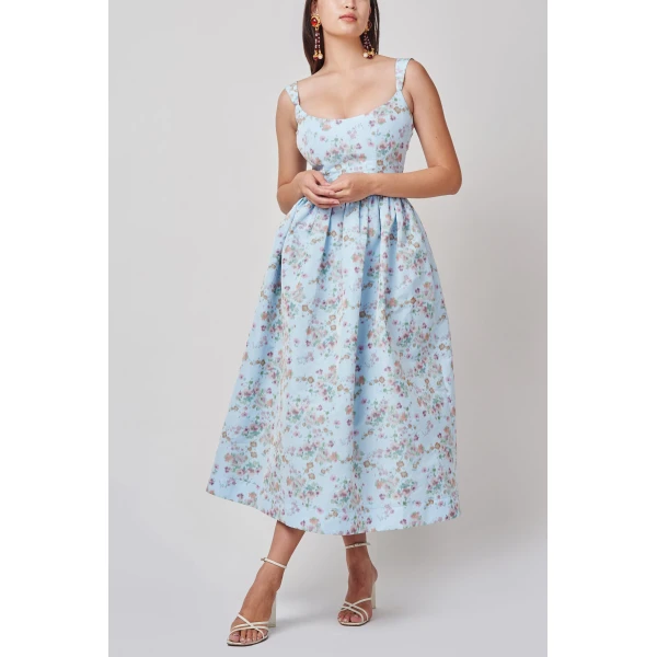 Markarian Apple Blue Ikat Floral Corset Dress - Dresses - New York Luxury Occasion Wear at Luxury Shoes 