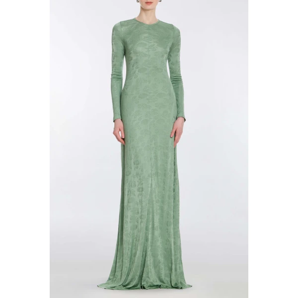 Markarian Coco Pistachio Green Floral Jersey Long Sleeve Gown - Dresses - New York Luxury Occasion Wear at Luxury Shoes 