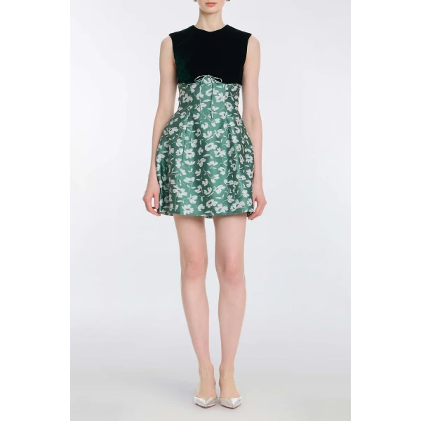 Markarian Jolie Green And White Floral Brocade Contrasting Bodice Mini Dress - Dresses - New York Luxury Occasion Wear at Luxury Shoes 