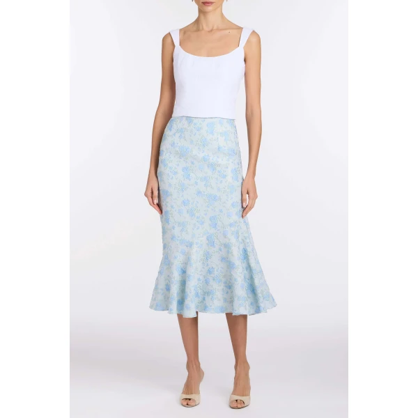 Markarian June Cornflower And Mint Brocade Asymmetric Flounce Midi Skirt - Skirts - New York Luxury Occasion Wear at Luxury Shoes 