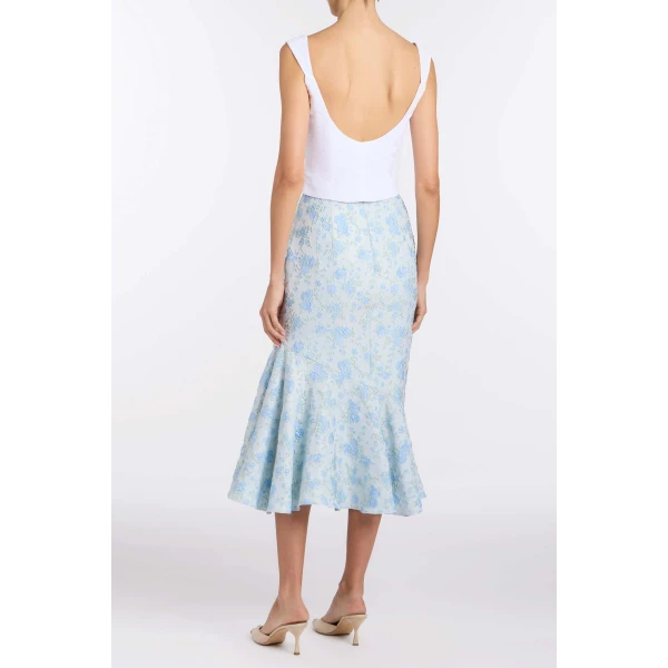 Markarian June Cornflower And Mint Brocade Asymmetric Flounce Midi Skirt - Skirts - New York Luxury Occasion Wear at Luxury Shoes 
