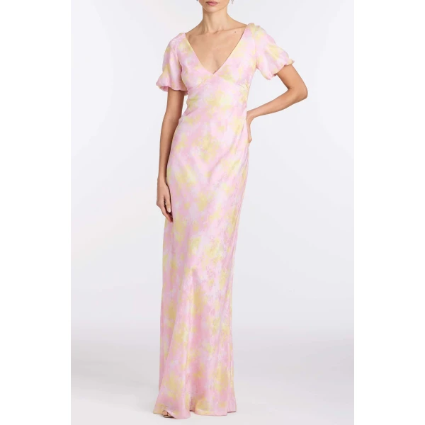 Markarian Lilou Floral Satin Puff Sleeve Gown - Dresses - New York Luxury Occasion Wear at Luxury Shoes 