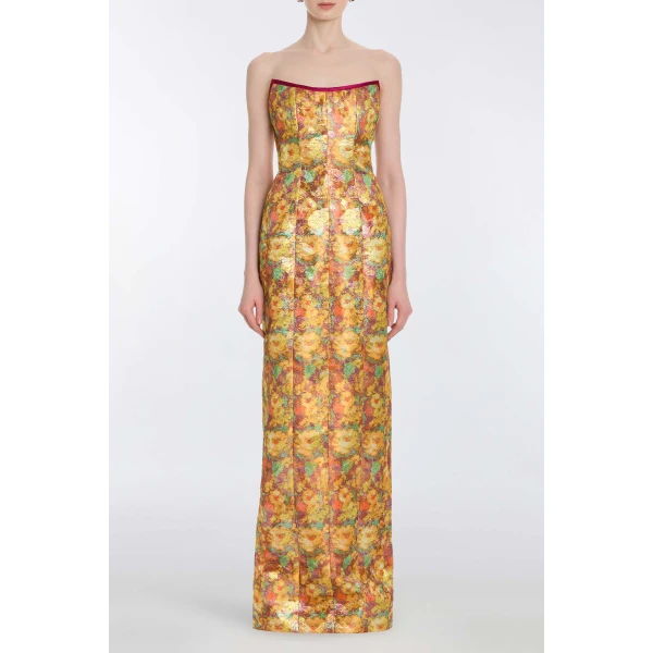 Markarian Odessa Golden Metallic Floral Column Gown - Dresses - New York Luxury Occasion Wear at Luxury Shoes 