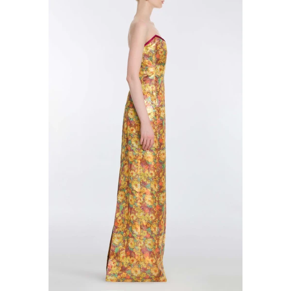 Markarian Odessa Golden Metallic Floral Column Gown - Dresses - New York Luxury Occasion Wear at Luxury Shoes 