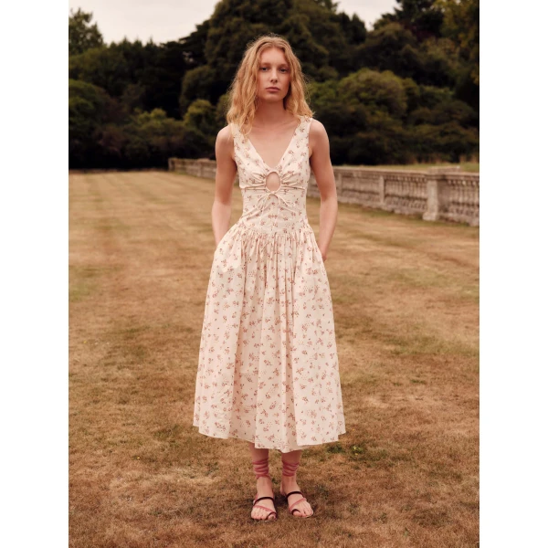 Markarian Penelope Blush Bouquet Cotton Eyelet Keyhole Midi Dress - Dresses - New York Luxury Occasion Wear at Luxury Shoes 