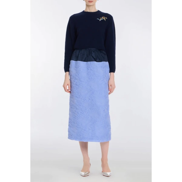 Markarian Ria Powder Blue Floral Cloque Midi Skirt - Skirts - New York Luxury Occasion Wear at Luxury Shoes 