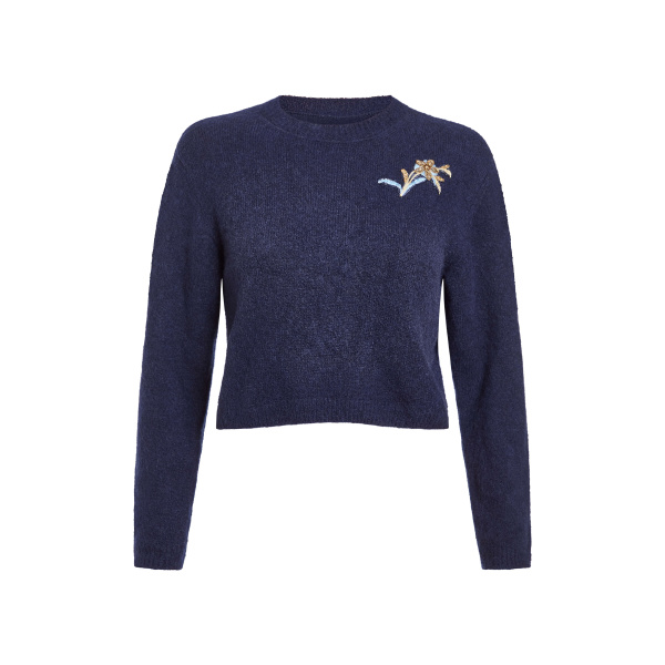 Markarian Romy Navy Floral Patch Cashmere Sweater - Knitwear - New York Luxury Occasion Wear at Luxury Shoes 