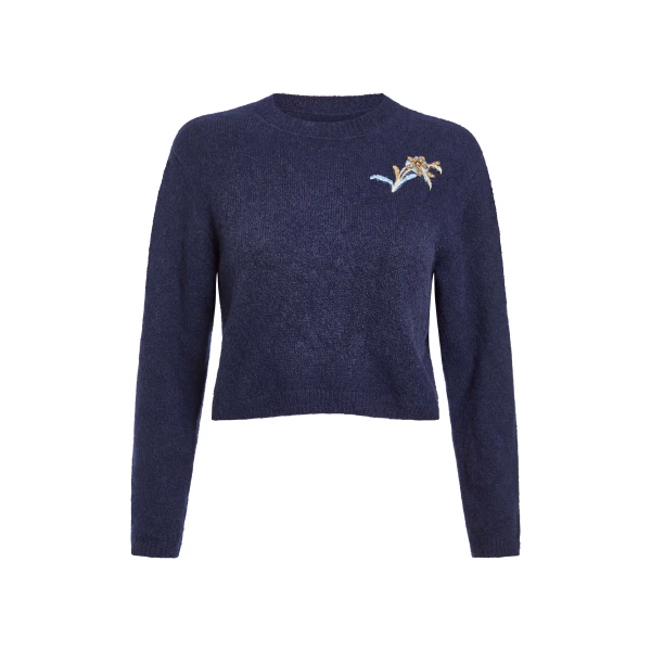 Markarian Romy Navy Floral Patch Cashmere Sweater - Knitwear - New York Luxury Occasion Wear at Luxury Shoes 