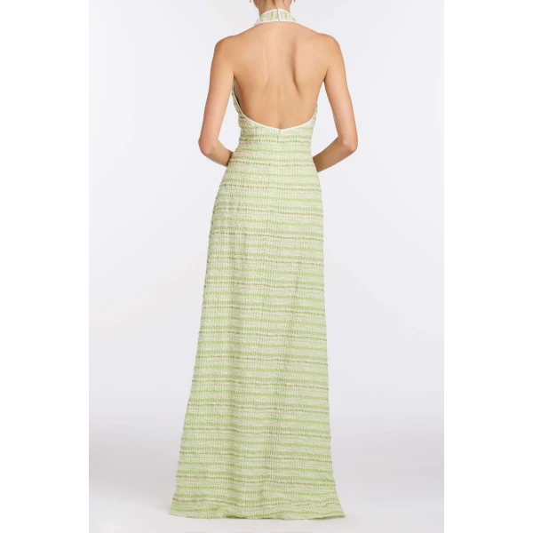 Markarian Sahara Lime Textured Stripe Halter Gown - Dresses - New York Luxury Occasion Wear at Luxury Shoes 