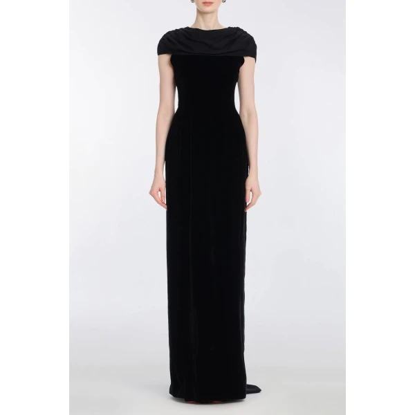 Markarian Vesper Black Velvet Gown With Shawl And Train - Dresses - New York Luxury Occasion Wear at Luxury Shoes 
