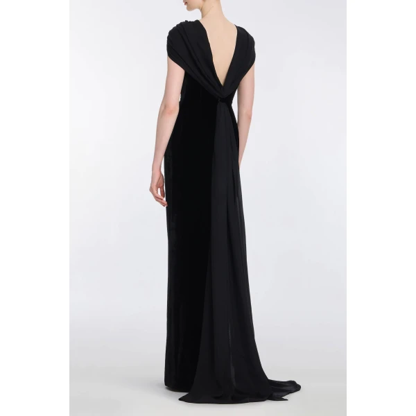 Markarian Vesper Black Velvet Gown With Shawl And Train - Dresses - New York Luxury Occasion Wear at Luxury Shoes 