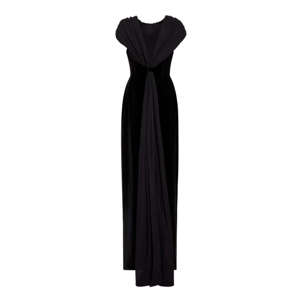 Markarian Vesper Black Velvet Gown With Shawl And Train - Dresses - New York Luxury Occasion Wear at Luxury Shoes 