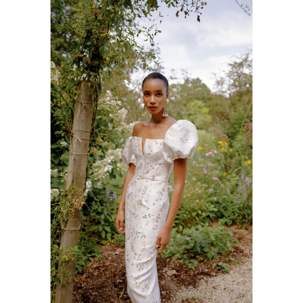Markarian Yvette Ivory Metallic Brocade Puff Sleeve Dress - Dresses - New York Luxury Occasion Wear at Luxury Shoes 