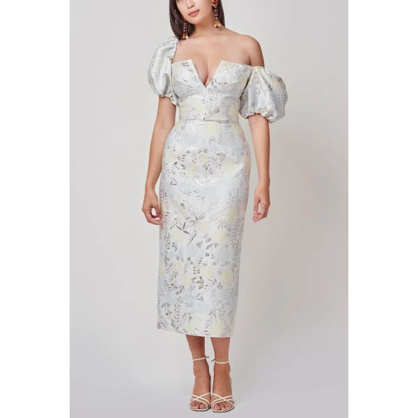 Markarian Yvette Ivory Metallic Brocade Puff Sleeve Dress - Dresses - New York Luxury Occasion Wear at Luxury Shoes 