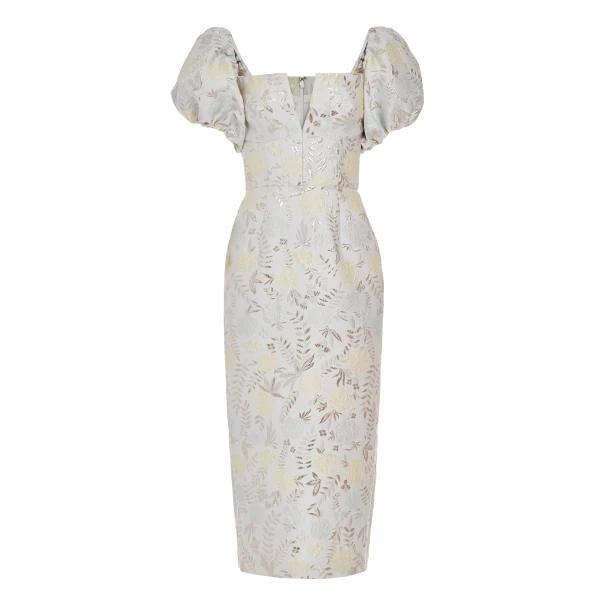 Markarian Yvette Ivory Metallic Brocade Puff Sleeve Dress - Dresses - New York Luxury Occasion Wear at Luxury Shoes 