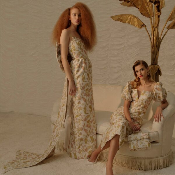 Markarian Yvette Pink And Gold Floral Brocade Midi Dress, view 2