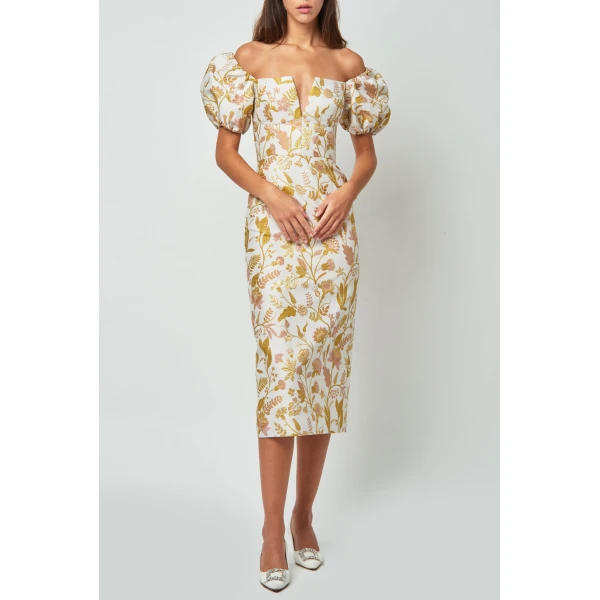 Markarian Yvette Pink And Gold Floral Brocade Midi Dress - Dresses - New York Luxury Occasion Wear at Luxury Shoes 