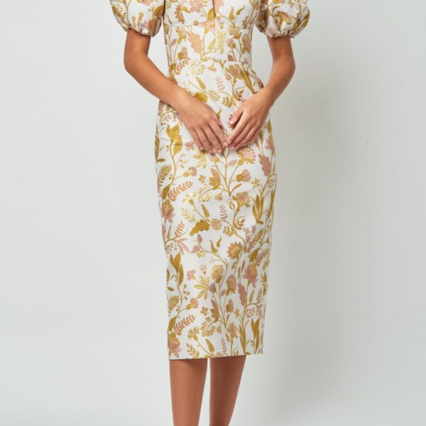 Markarian Yvette Pink And Gold Floral Brocade Midi Dress, view 3