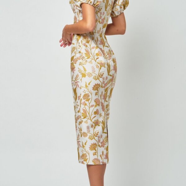 Markarian Yvette Pink And Gold Floral Brocade Midi Dress, view 4