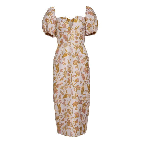 Markarian Yvette Pink And Gold Floral Brocade Midi Dress - Dresses - New York Luxury Occasion Wear at Luxury Shoes 